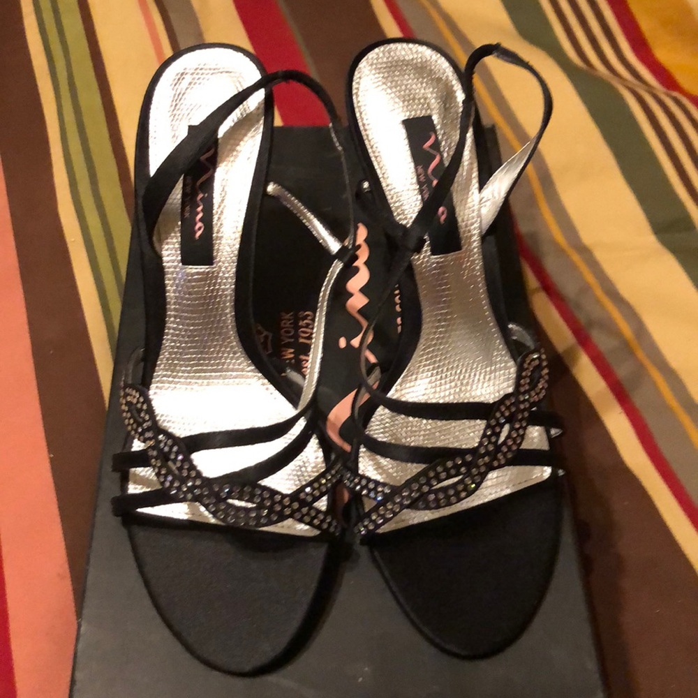 Black satin stilleto shoes with diamond accents